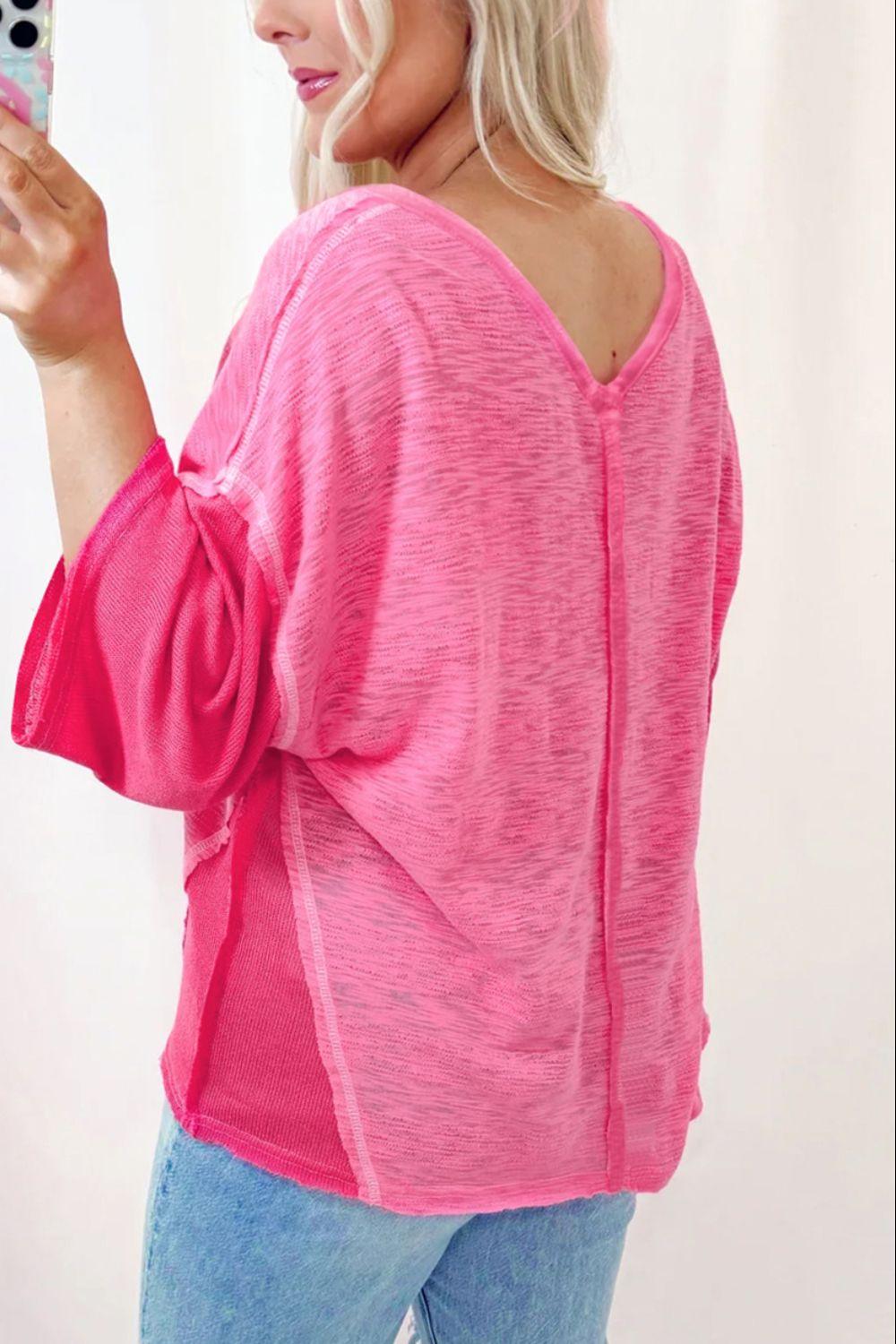Exposed Seam V-Neck Three-Quarter Sleeve Blouse - Clothes For Her Online Store