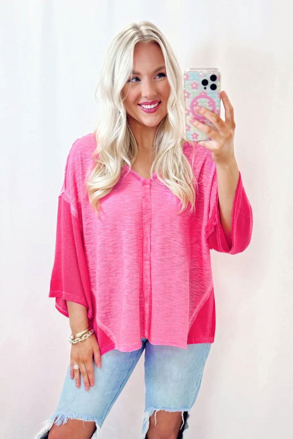 Exposed Seam V-Neck Three-Quarter Sleeve Blouse - Clothes For Her Online Store