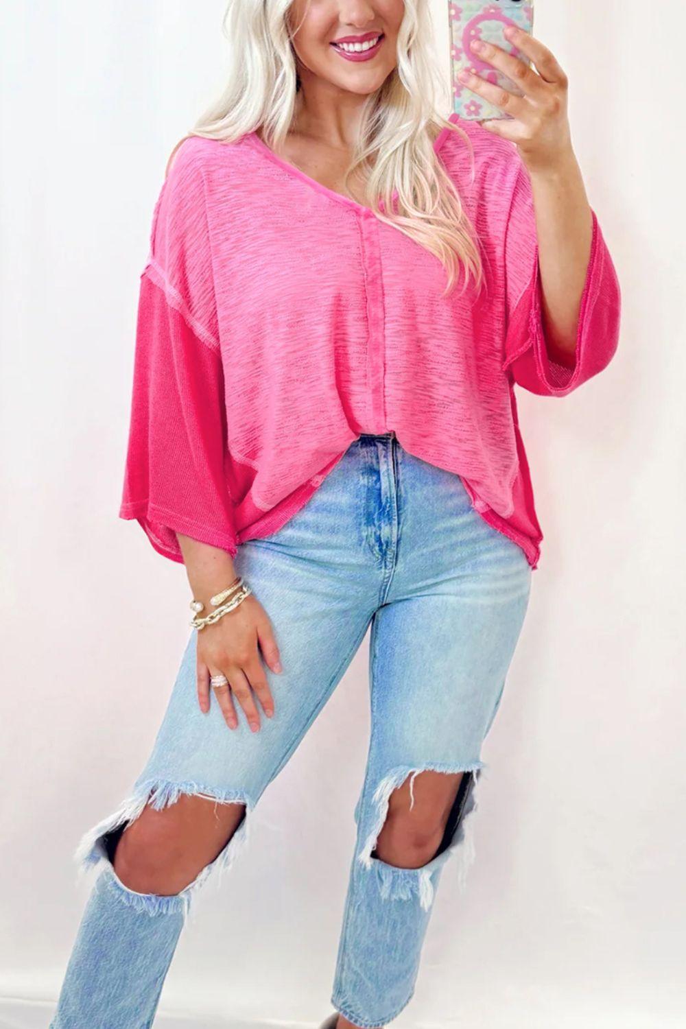 Exposed Seam V-Neck Three-Quarter Sleeve Blouse - Clothes For Her Online Store