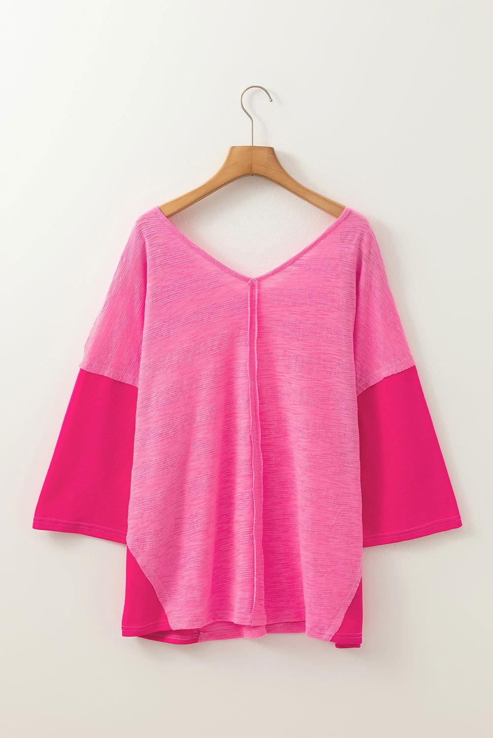 Exposed Seam V-Neck Three-Quarter Sleeve Blouse - Clothes For Her Online Store