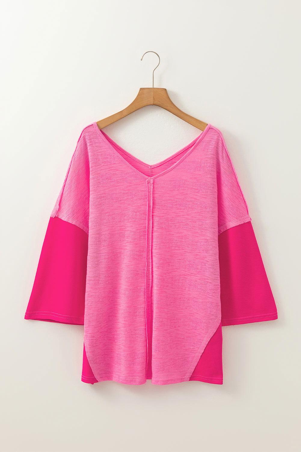 Exposed Seam V-Neck Three-Quarter Sleeve Blouse - Clothes For Her Online Store