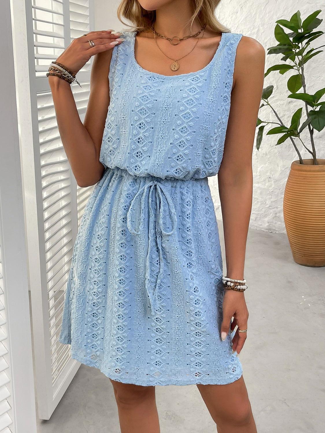 Eyelet Drawstring Round Neck Sleeveless Dress - Clothes For Her Online Store