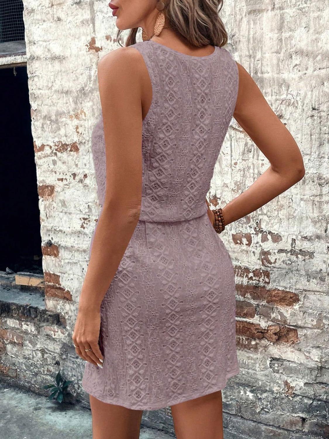 Eyelet Drawstring Round Neck Sleeveless Dress - Clothes For Her Online Store