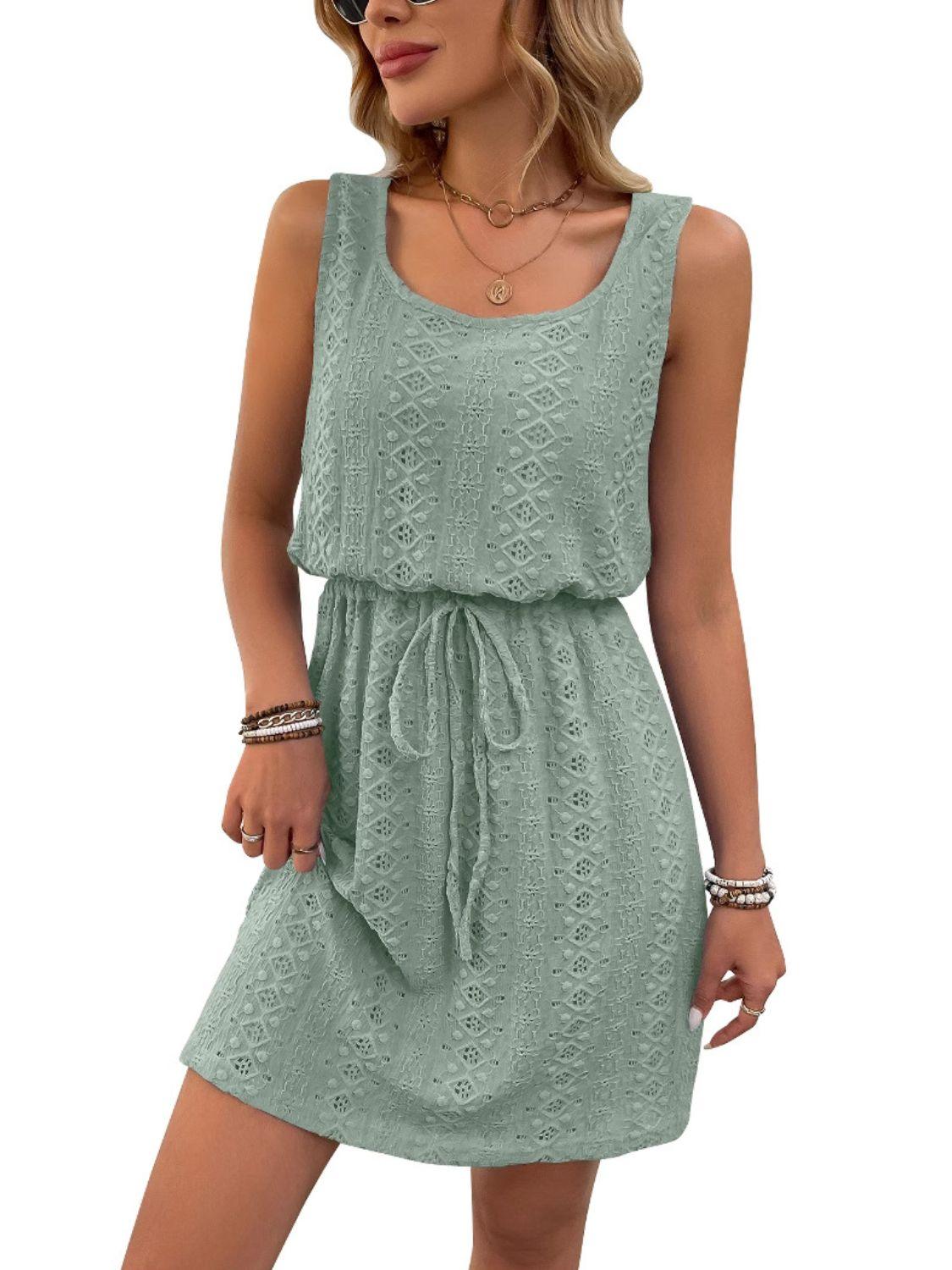 Eyelet Drawstring Round Neck Sleeveless Dress - Clothes For Her Online Store