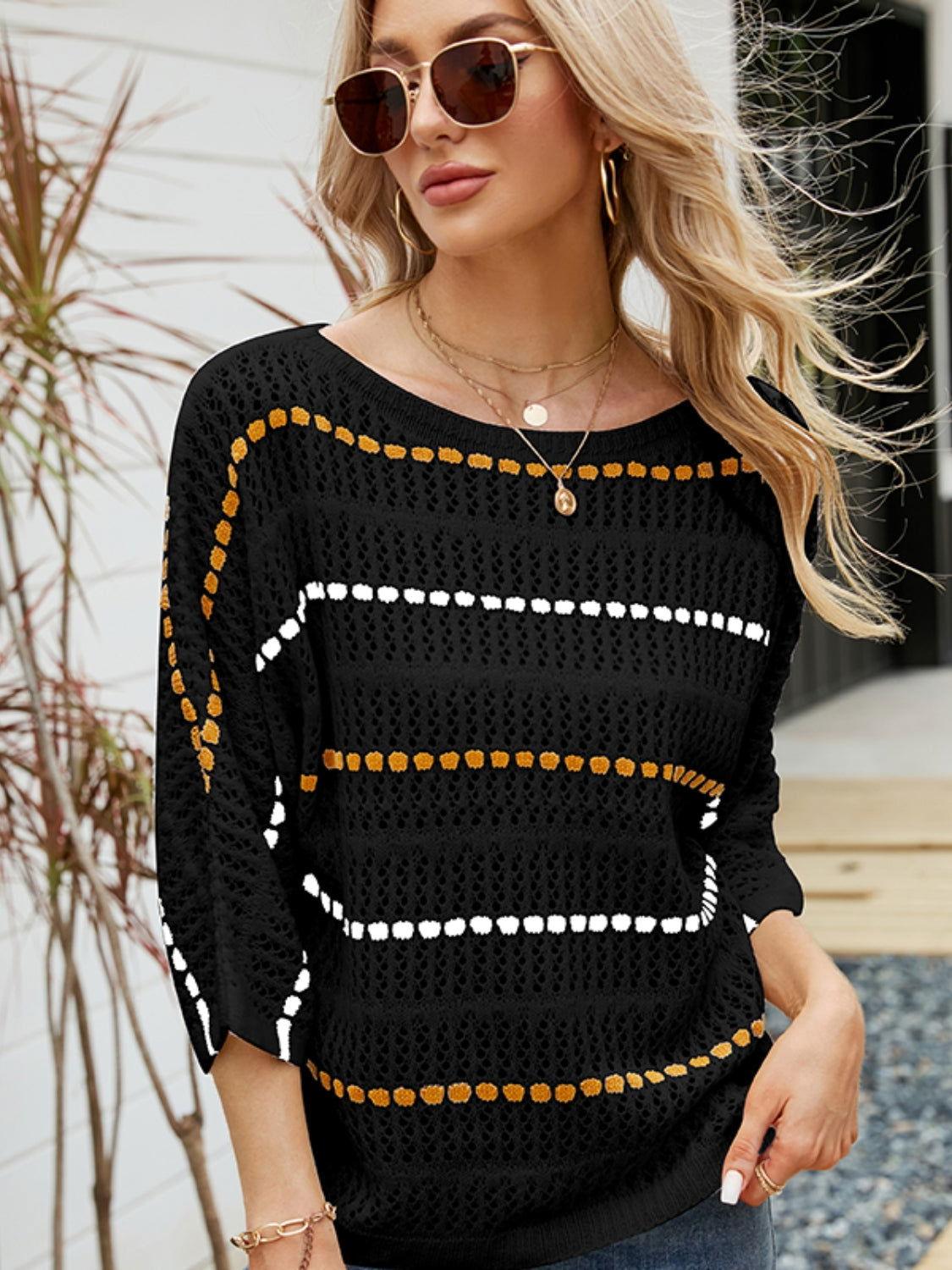 Eyelet Striped Round Neck Knit Top - Clothes For Her Online Store