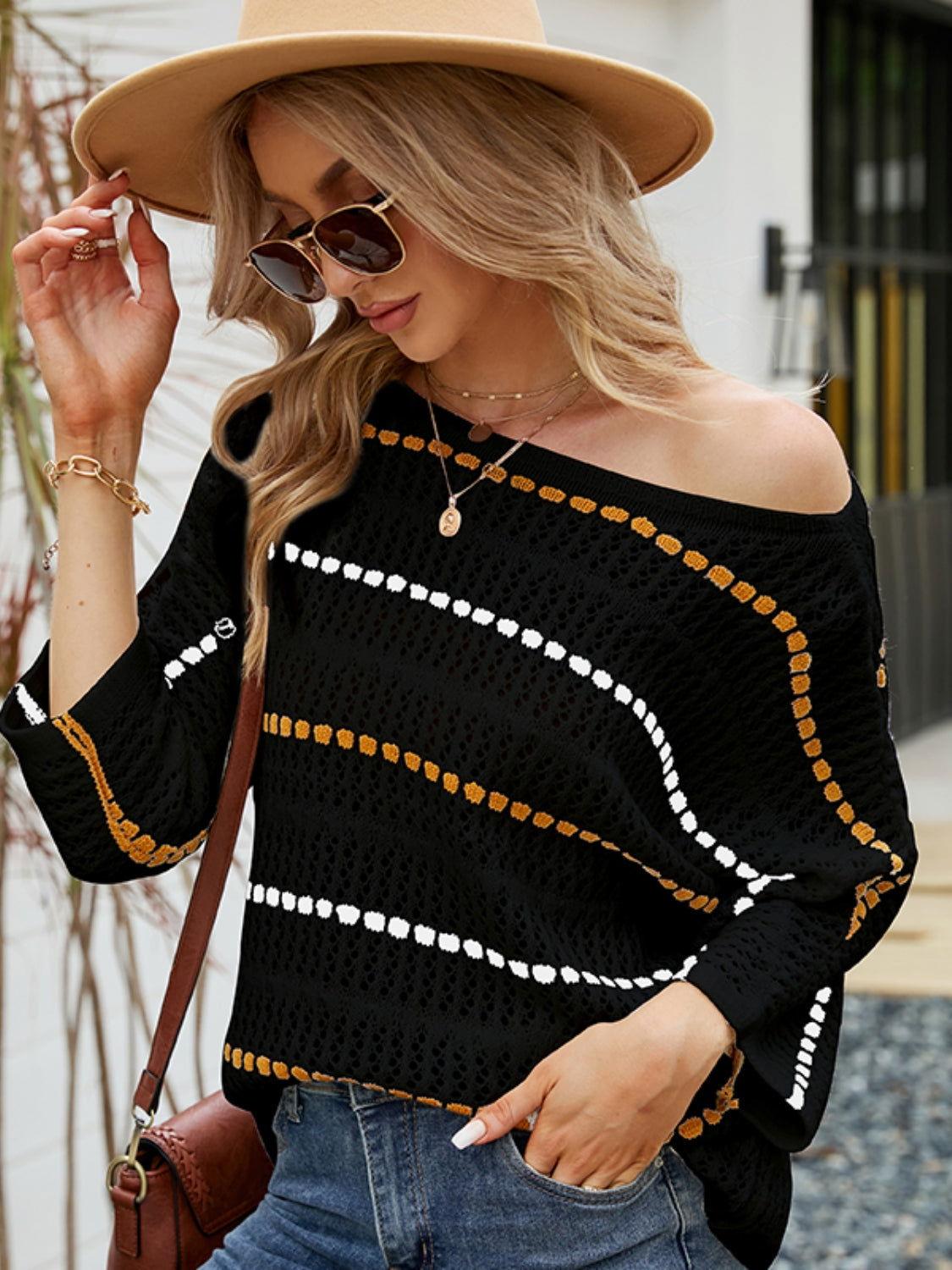 Eyelet Striped Round Neck Knit Top - Clothes For Her Online Store