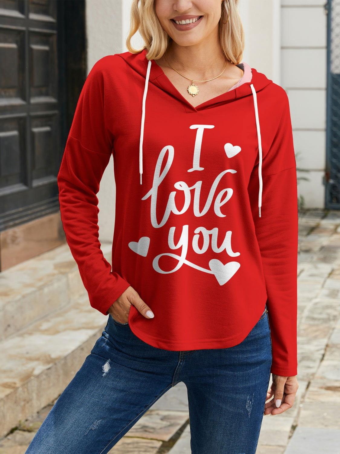 FAM-FAM I LOVE YOU Drawstring Long Sleeve Hoodie - Clothes For Her Online Store
