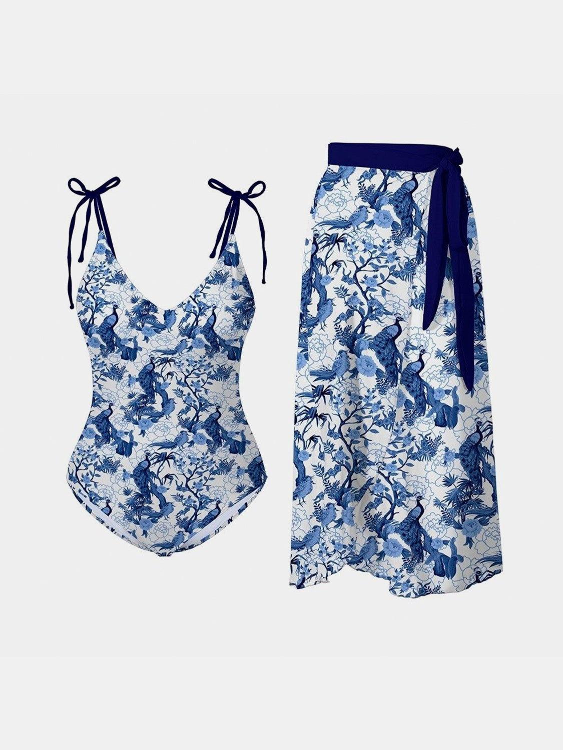 FAM-FAM Printed Tie Shoulder Swimwear and Skirt Swim Set - Clothes For Her Online Store