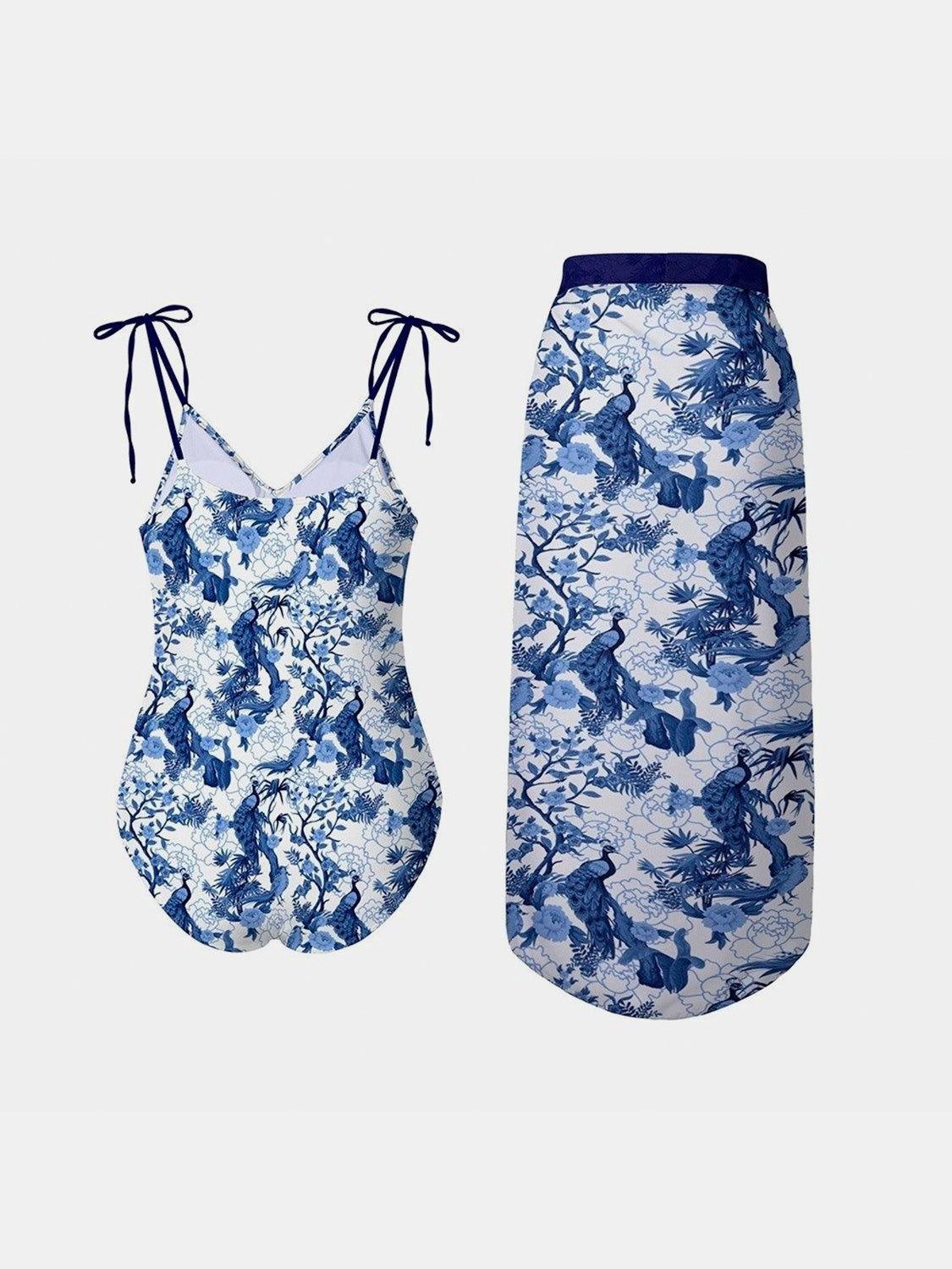 FAM-FAM Printed Tie Shoulder Swimwear and Skirt Swim Set - Clothes For Her Online Store