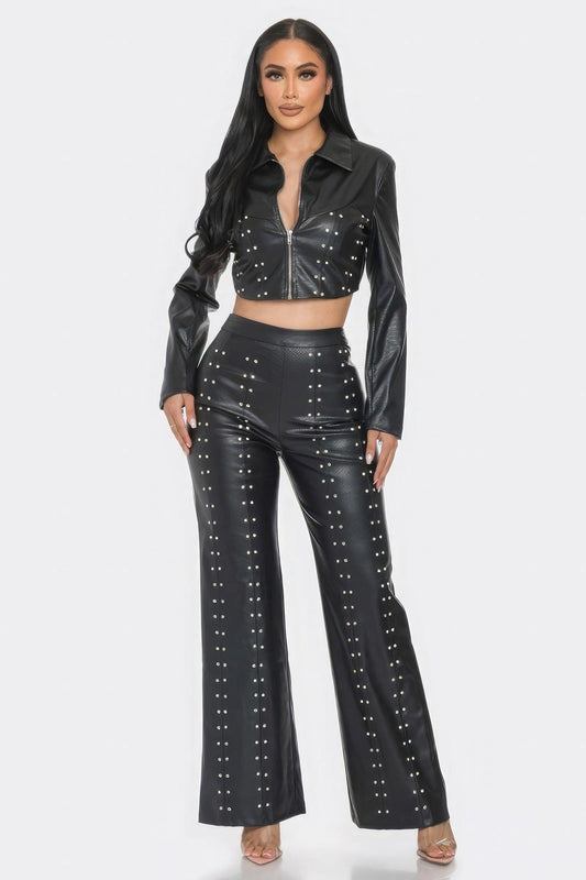 Faux Leather Set With Rhinestone Detail - Clothes For Her Online Store
