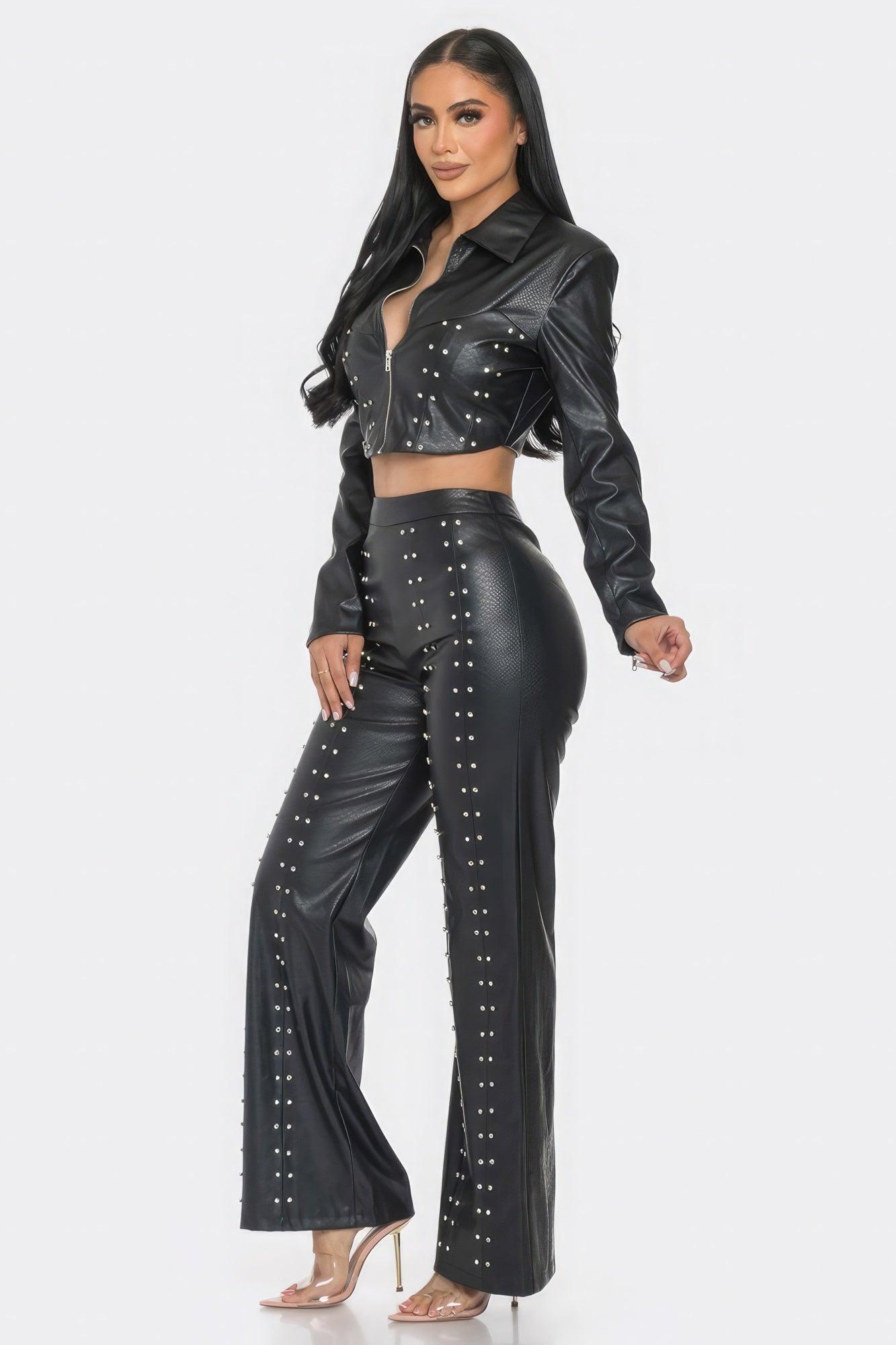 Faux Leather Set With Rhinestone Detail - Clothes For Her Online Store