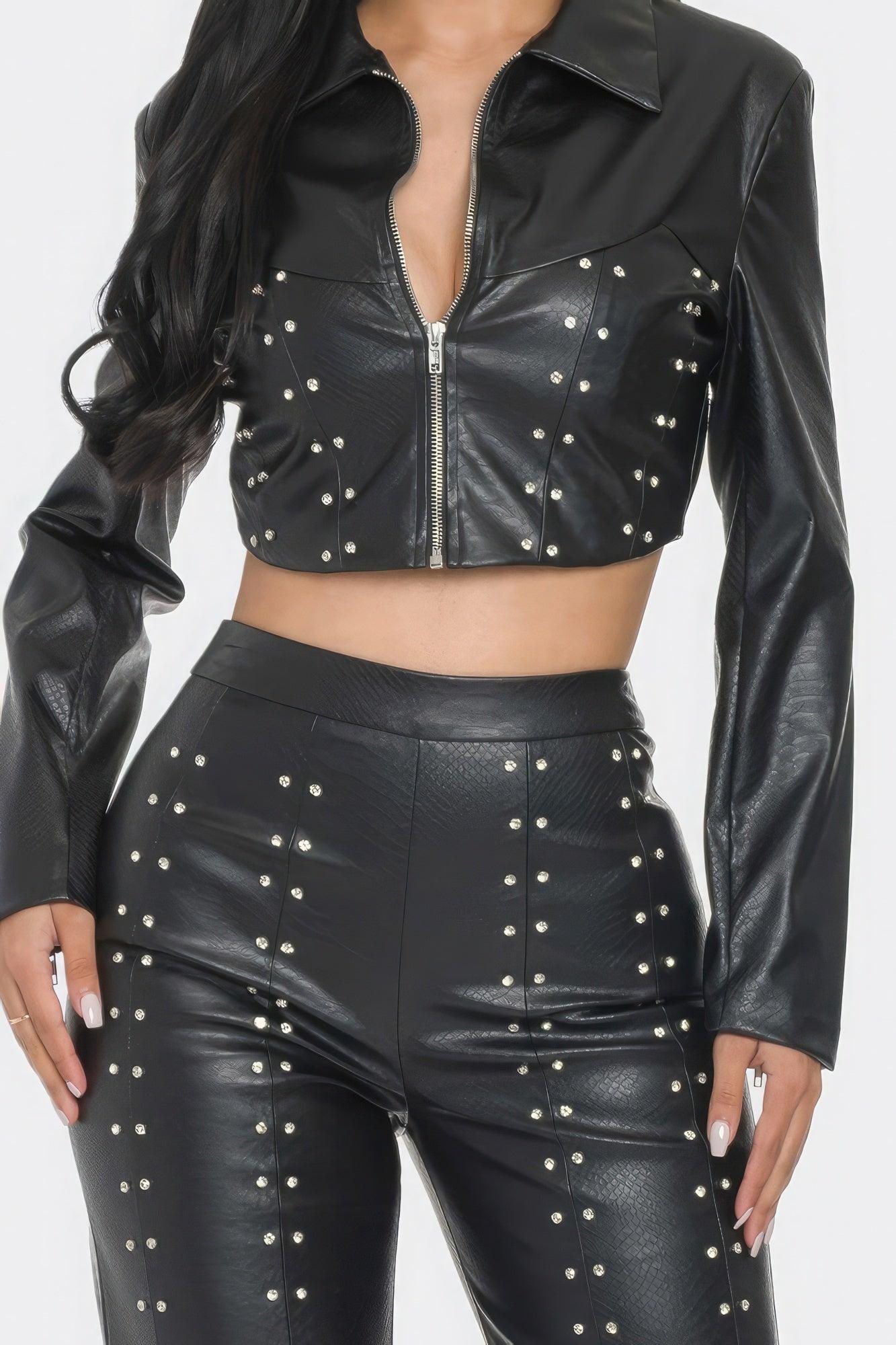 Faux Leather Set With Rhinestone Detail - Clothes For Her Online Store