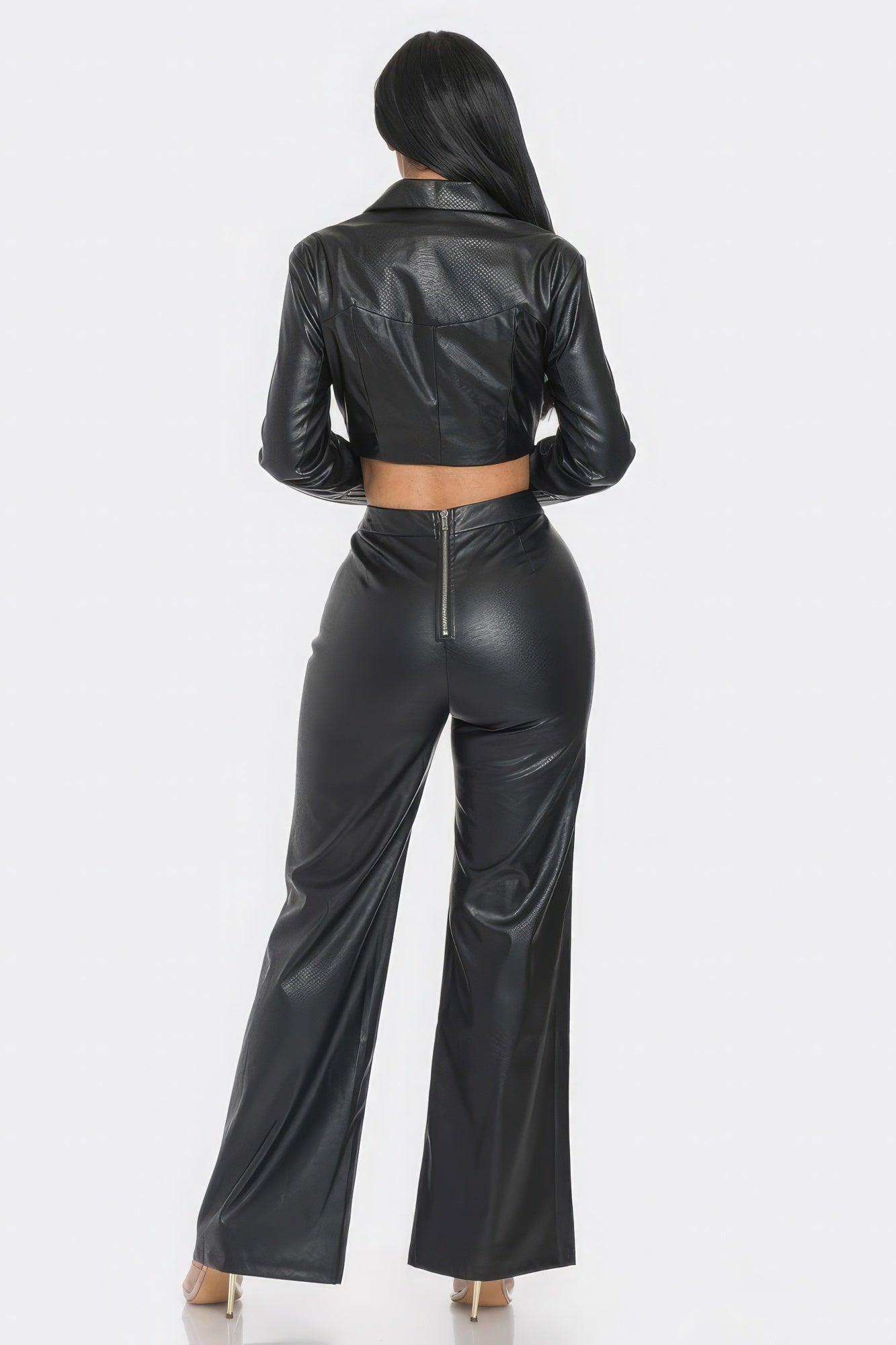 Faux Leather Set With Rhinestone Detail - Clothes For Her Online Store