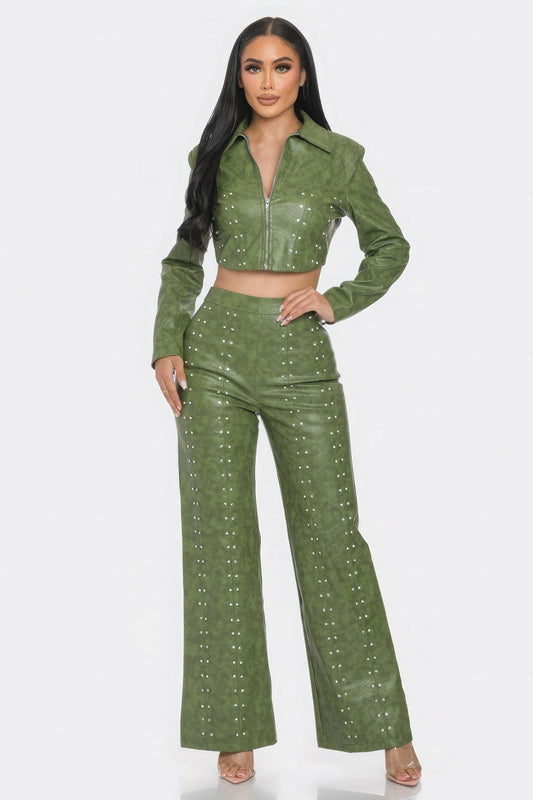 Faux Leather Set With Rhinestone Detail - Clothes For Her Online Store