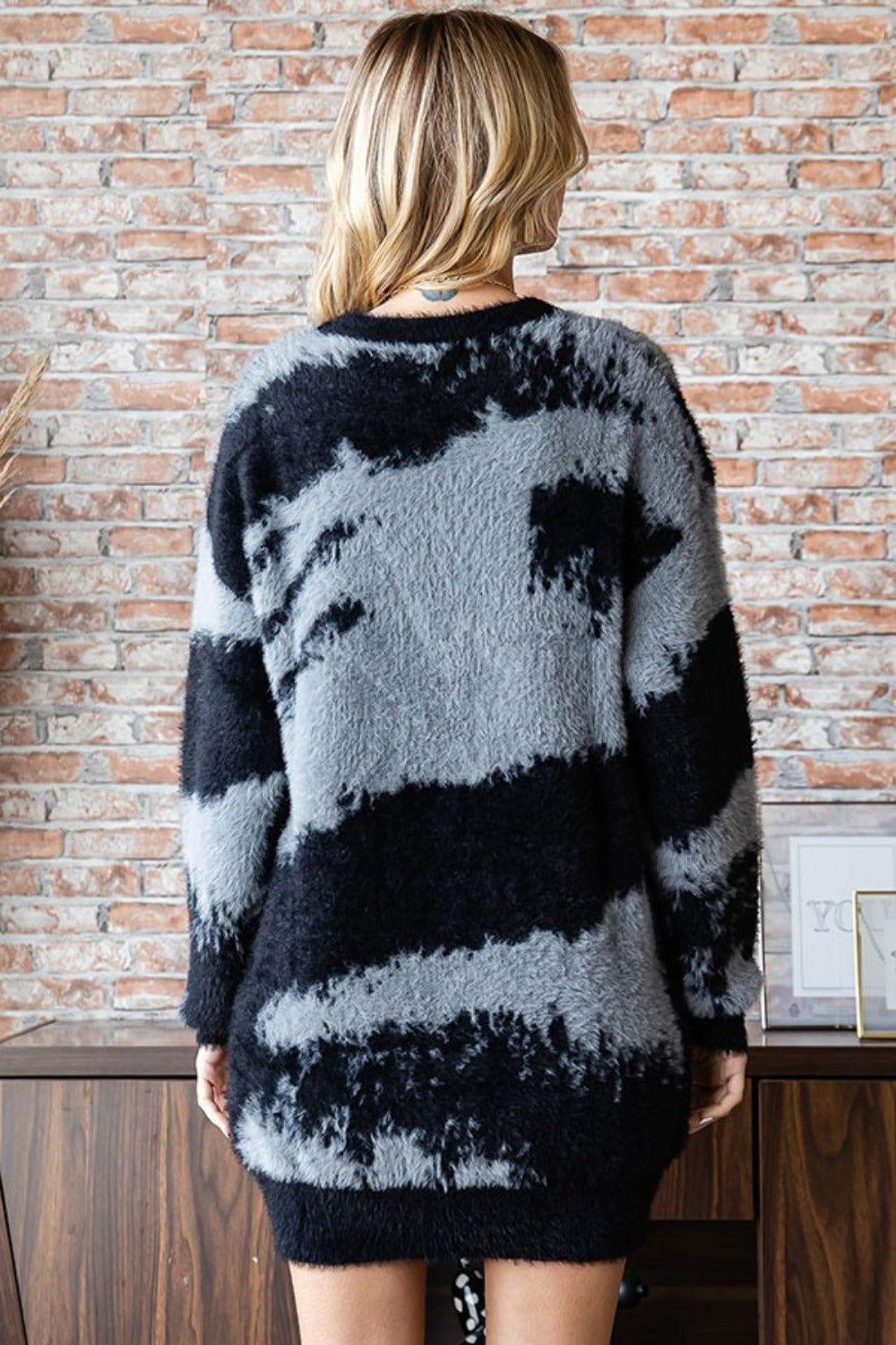 First Love Full Size Abstract Pattern Contrast Feather Yarn Sweater - Clothes For Her Online Store