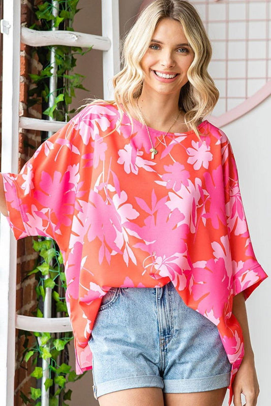 First Love Slit Printed Round Neck Half Sleeve Blouse - Clothes For Her Online Store