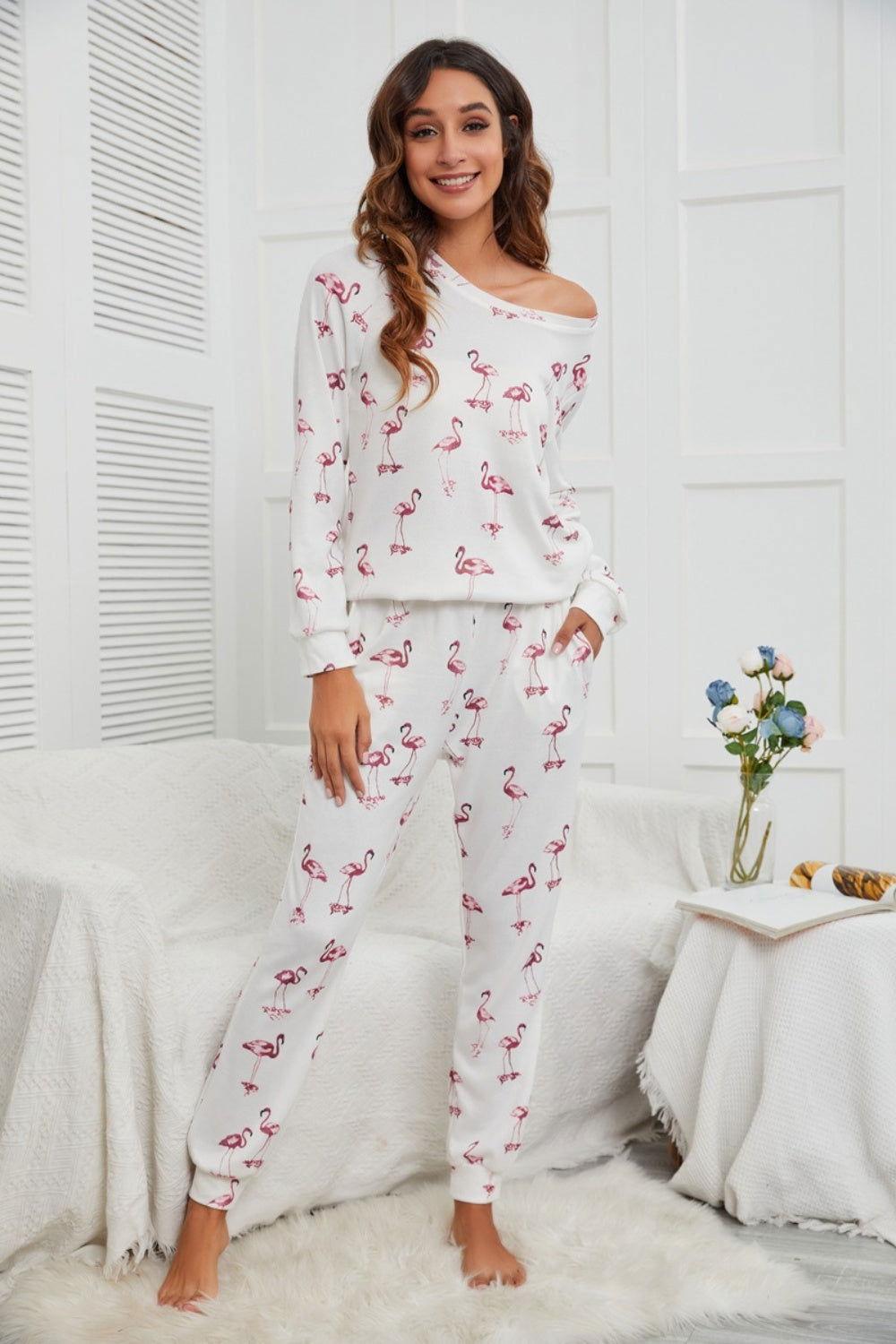Flamingo Long Sleeve Top and Pants Lounge Set - Clothes For Her Online Store