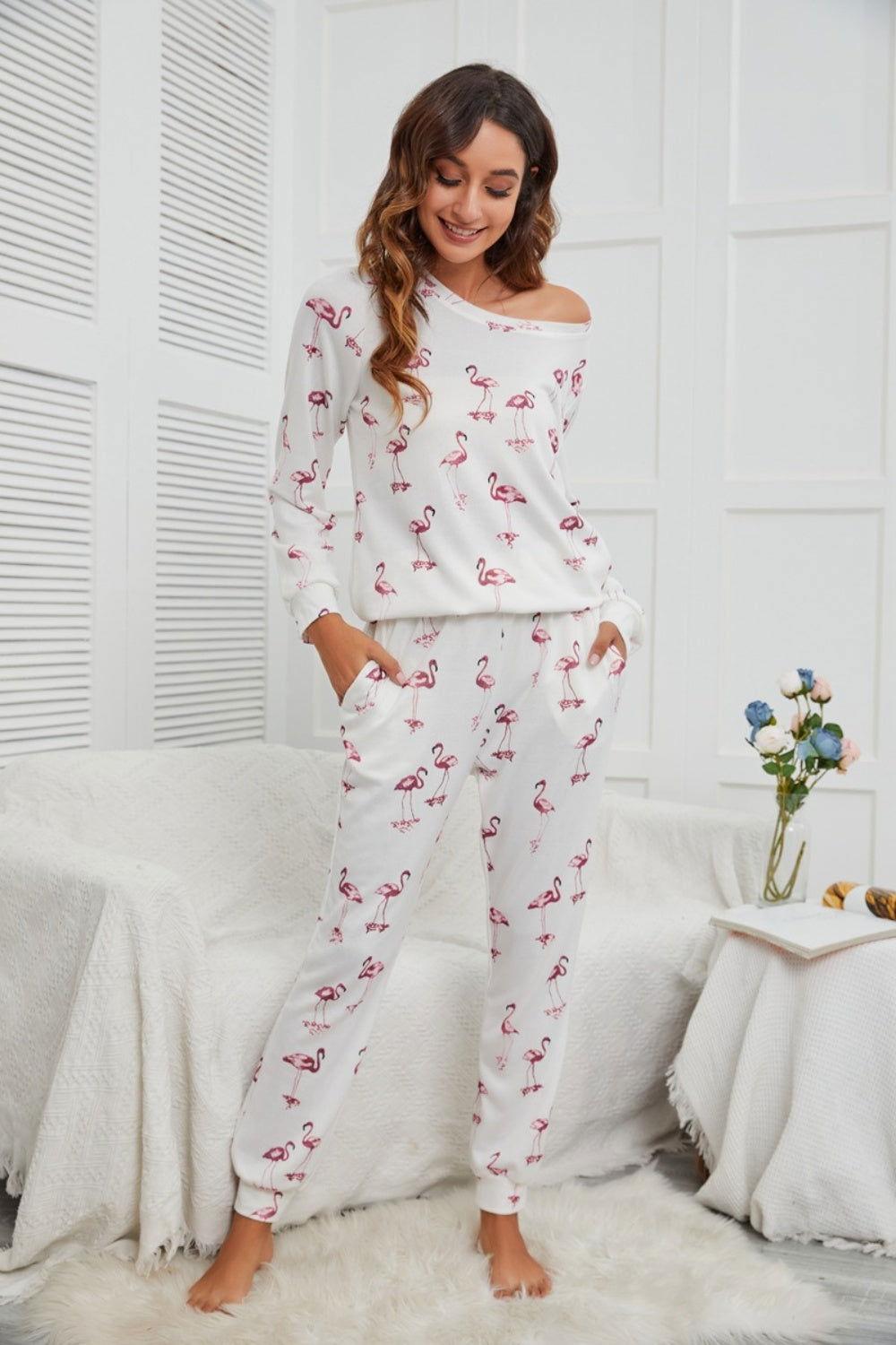 Flamingo Long Sleeve Top and Pants Lounge Set - Clothes For Her Online Store