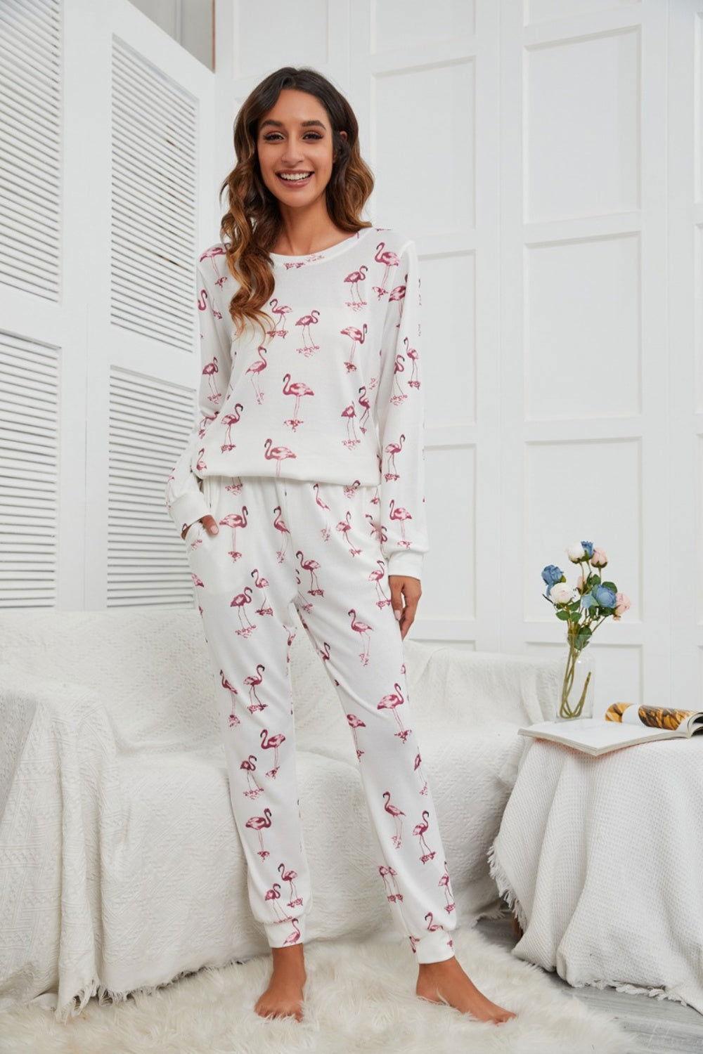 Flamingo Long Sleeve Top and Pants Lounge Set - Clothes For Her Online Store
