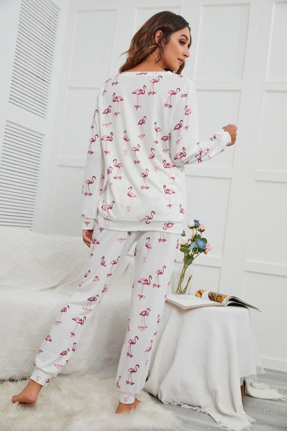 Flamingo Long Sleeve Top and Pants Lounge Set - Clothes For Her Online Store