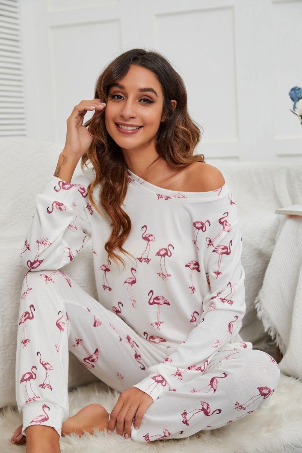 Flamingo Long Sleeve Top and Pants Lounge Set - Clothes For Her Online Store