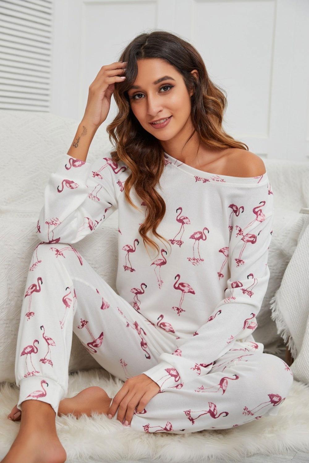 Flamingo Long Sleeve Top and Pants Lounge Set - Clothes For Her Online Store
