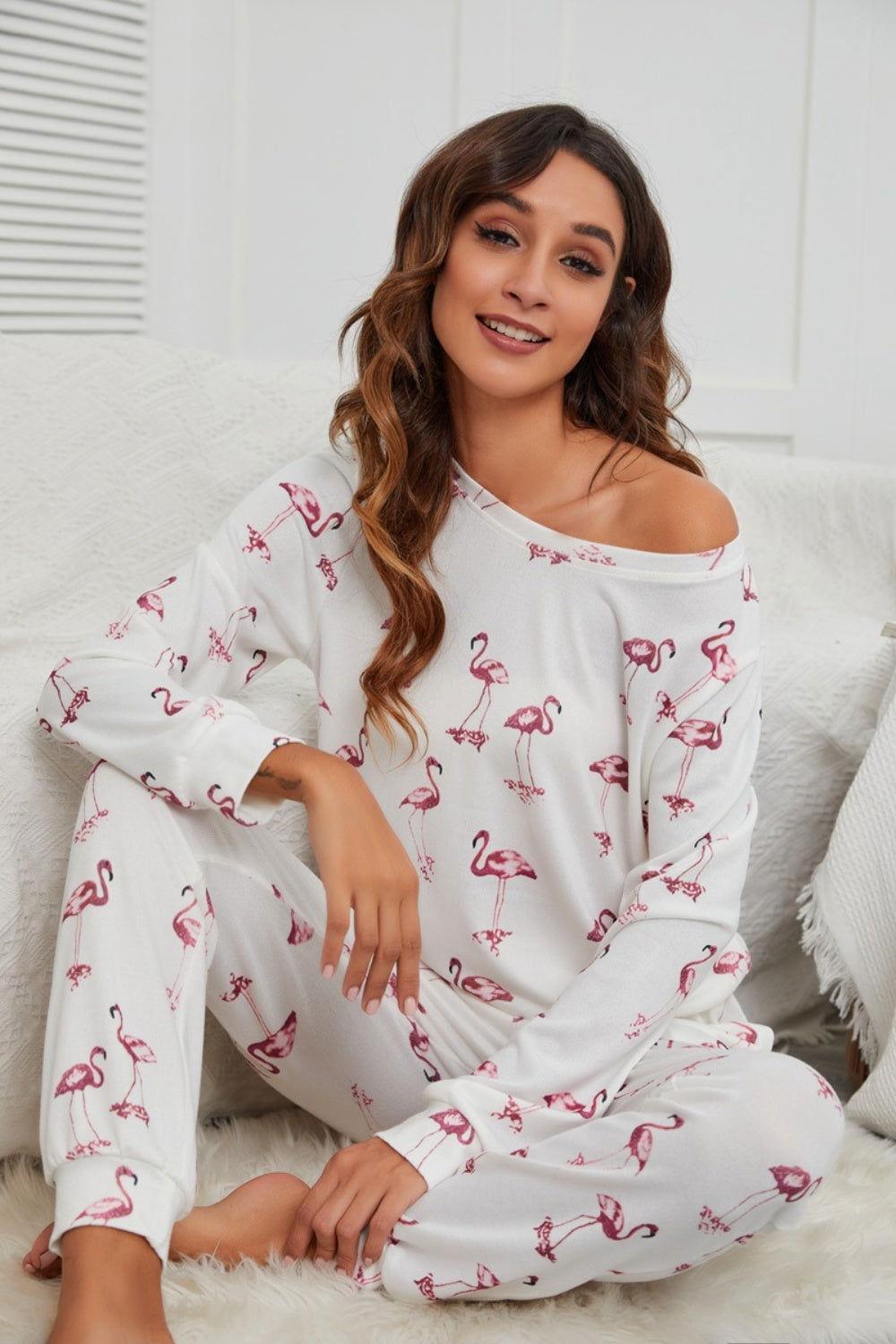 Flamingo Long Sleeve Top and Pants Lounge Set - Clothes For Her Online Store