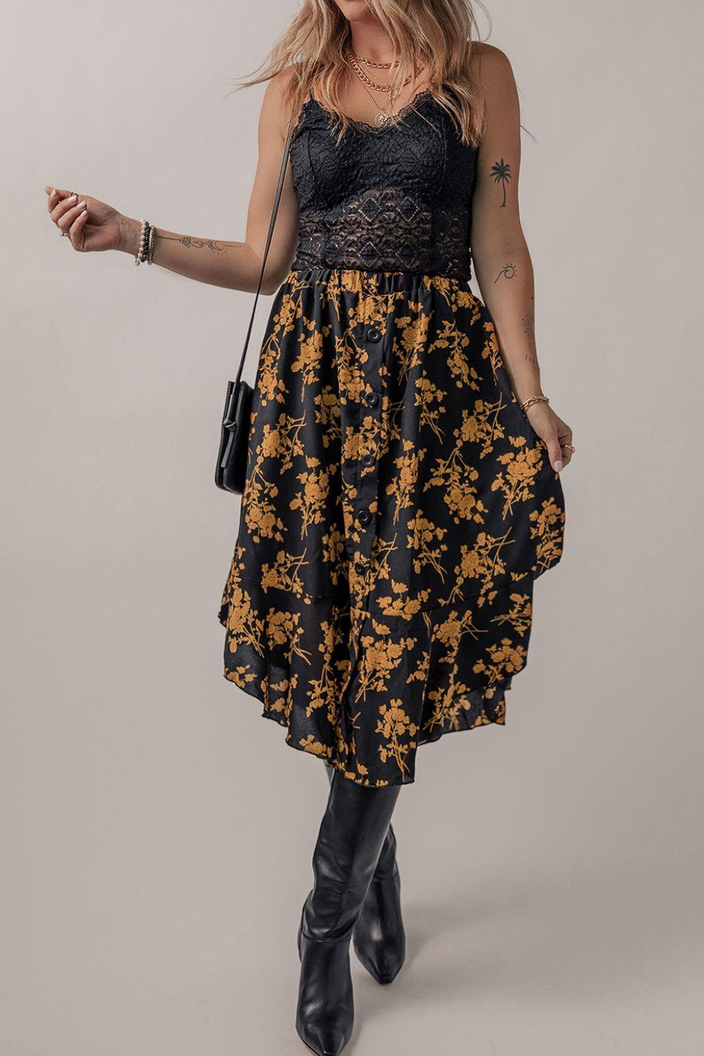 Floral Buttoned Ruffle Hem Skirt - Clothes For Her Online Store