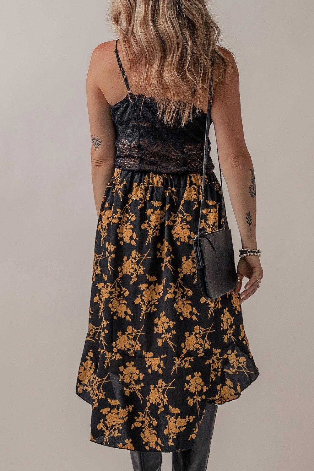 Floral Buttoned Ruffle Hem Skirt - Clothes For Her Online Store