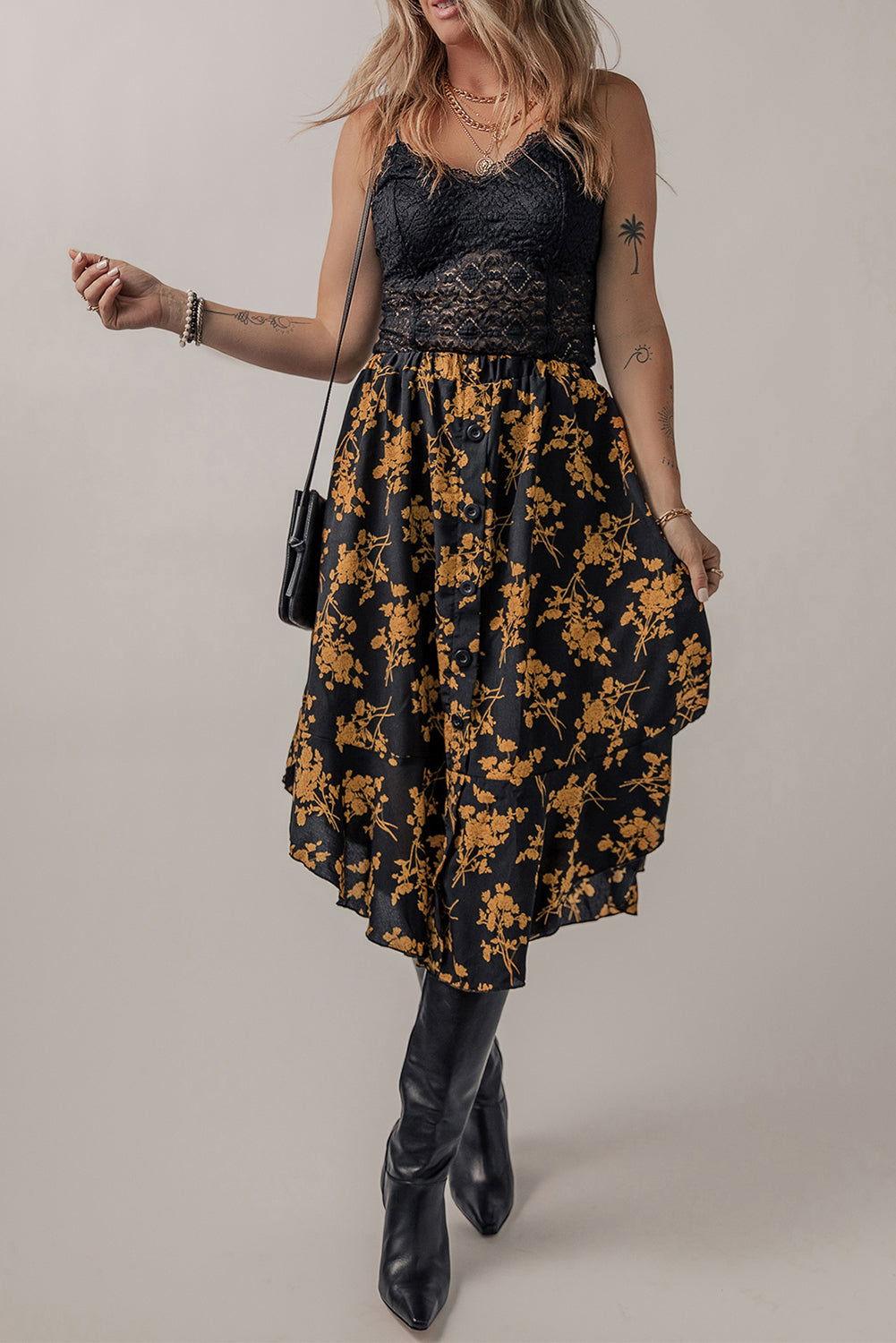 Floral Buttoned Ruffle Hem Skirt - Clothes For Her Online Store