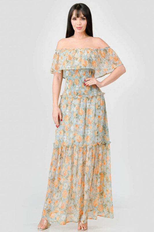 Floral Chiffon Off Shoulder Smocked Back Ruffled Tiered Maxi Dress - Clothes For Her Online Store