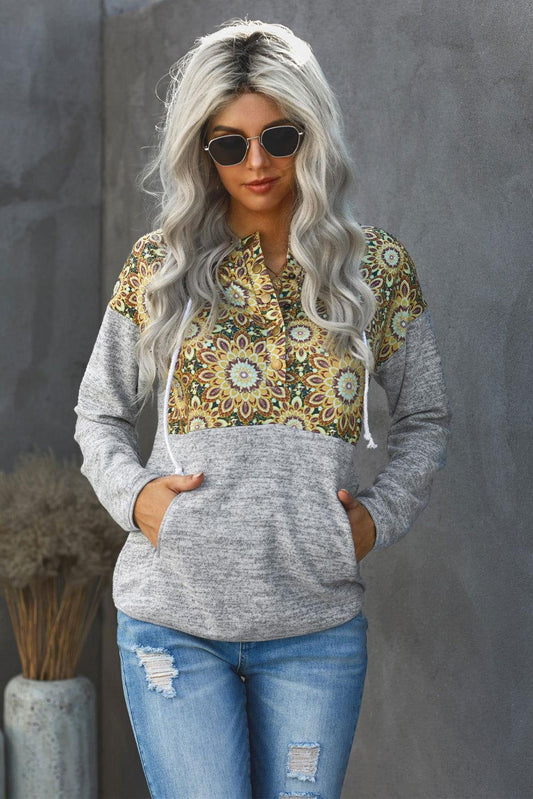 Floral Drawstring Half Snap Hoodie - Clothes For Her Online Store