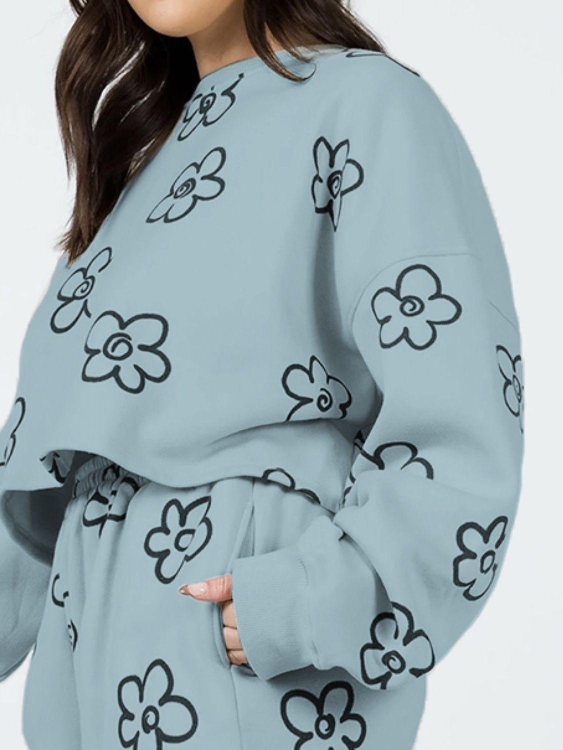 Floral Dropped Shoulder Sweatshirt and Shorts Set - Clothes For Her Online Store