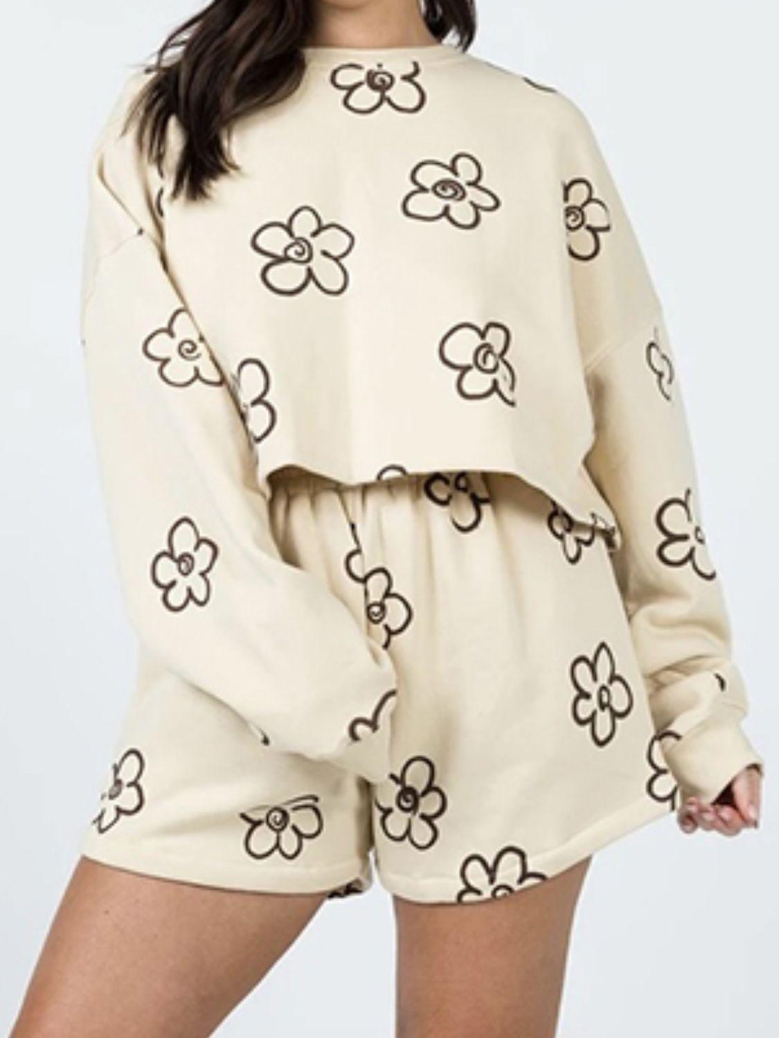Floral Dropped Shoulder Sweatshirt and Shorts Set - Clothes For Her Online Store