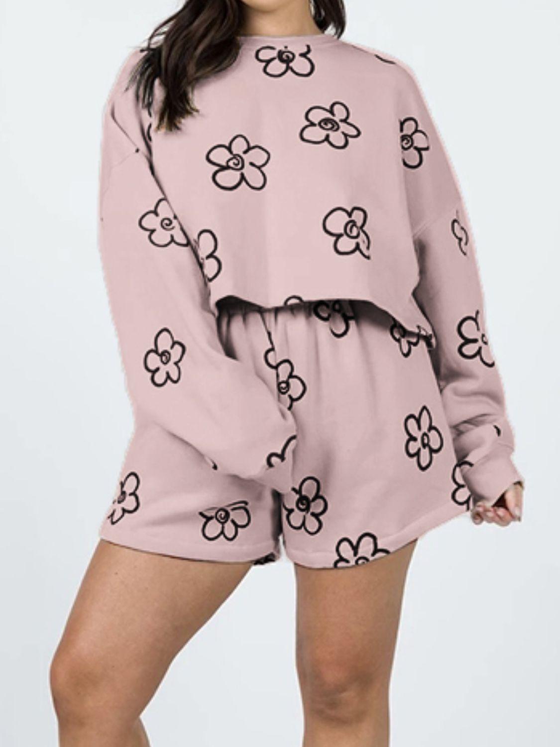 Floral Dropped Shoulder Sweatshirt and Shorts Set - Clothes For Her Online Store