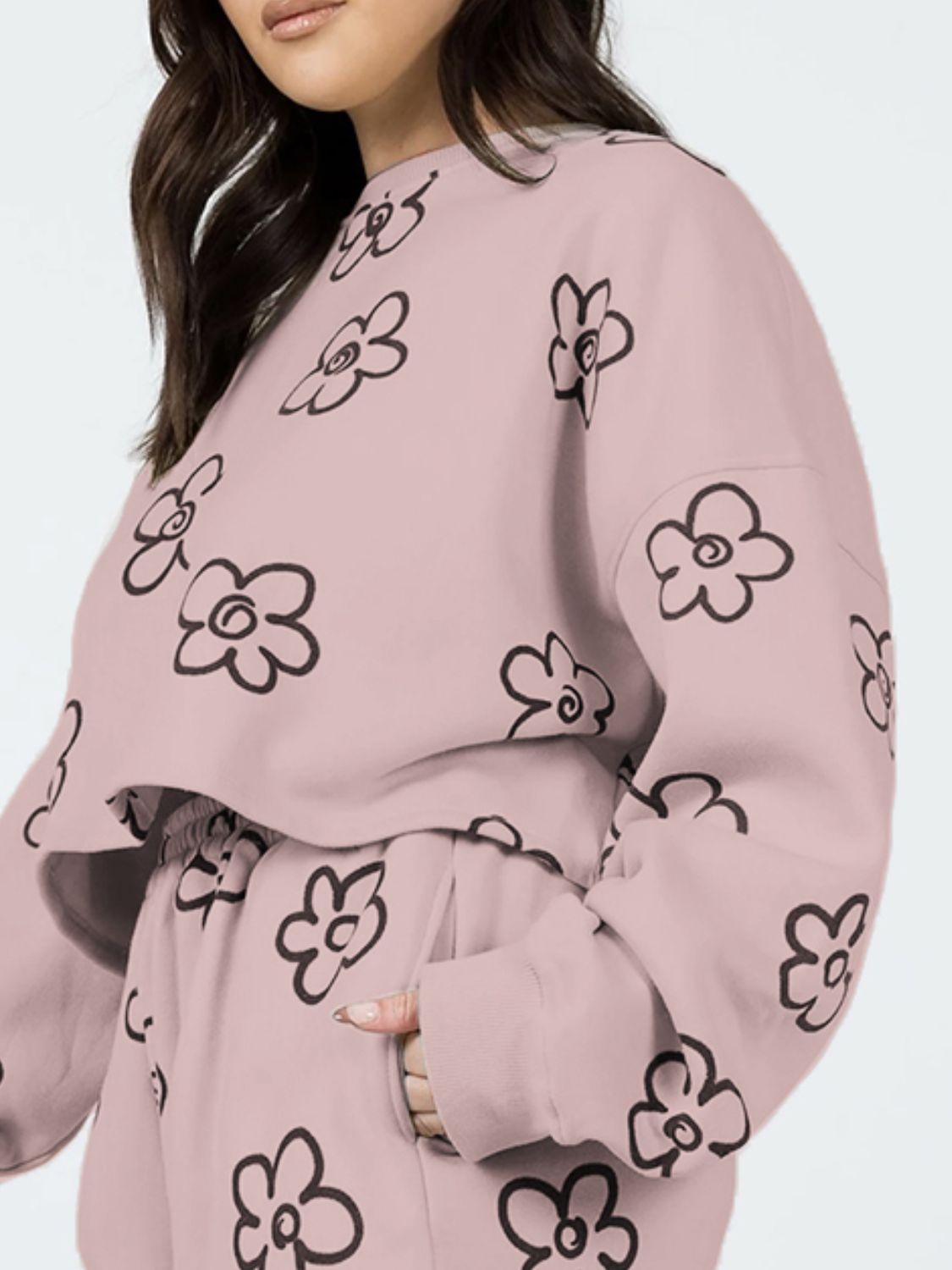 Floral Dropped Shoulder Sweatshirt and Shorts Set - Clothes For Her Online Store