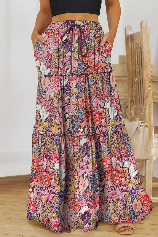 Floral Frill Trim Tiered Maxi Skirt - Clothes For Her Online Store