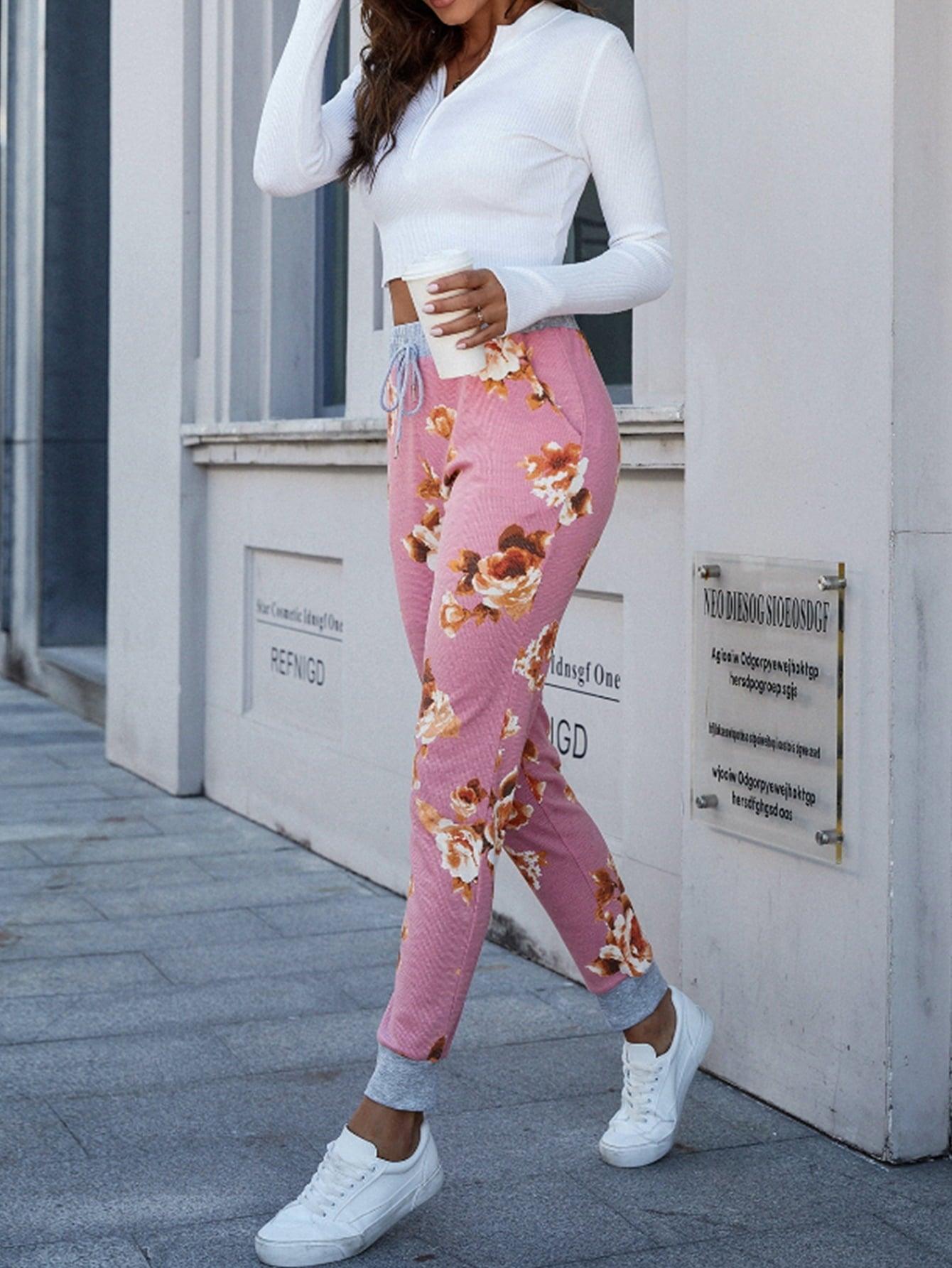 Floral Print Slim Fit Long Pants - Clothes For Her Online Store