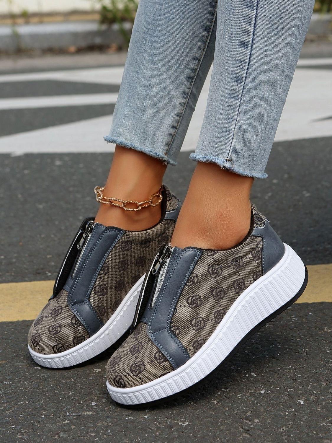 Floral Round Toe Sneakers with Zip - Clothes For Her Online Store