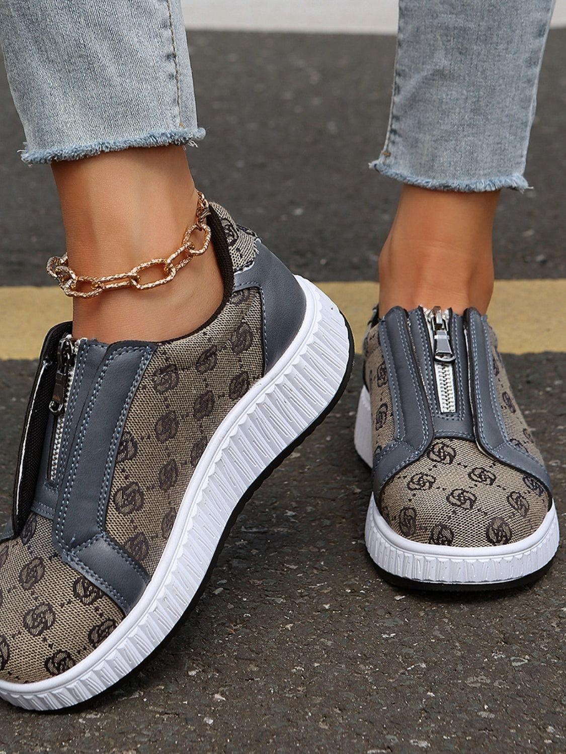 Floral Round Toe Sneakers with Zip - Clothes For Her Online Store