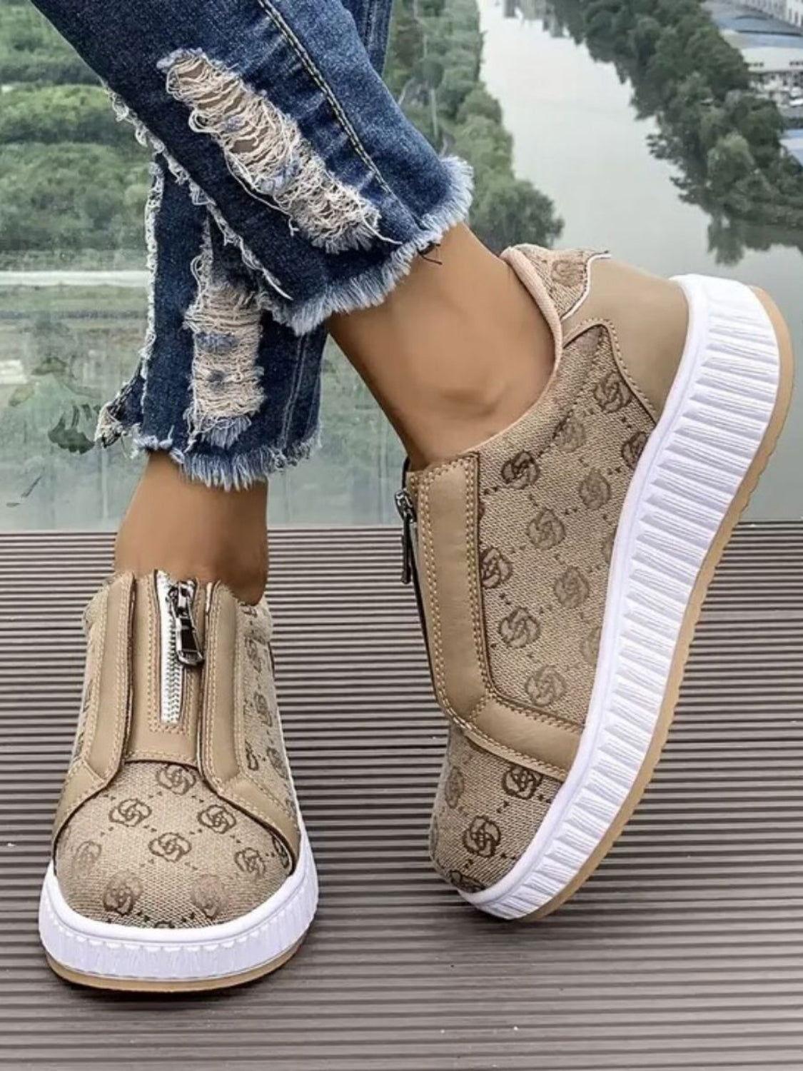 Floral Round Toe Sneakers with Zip - Clothes For Her Online Store