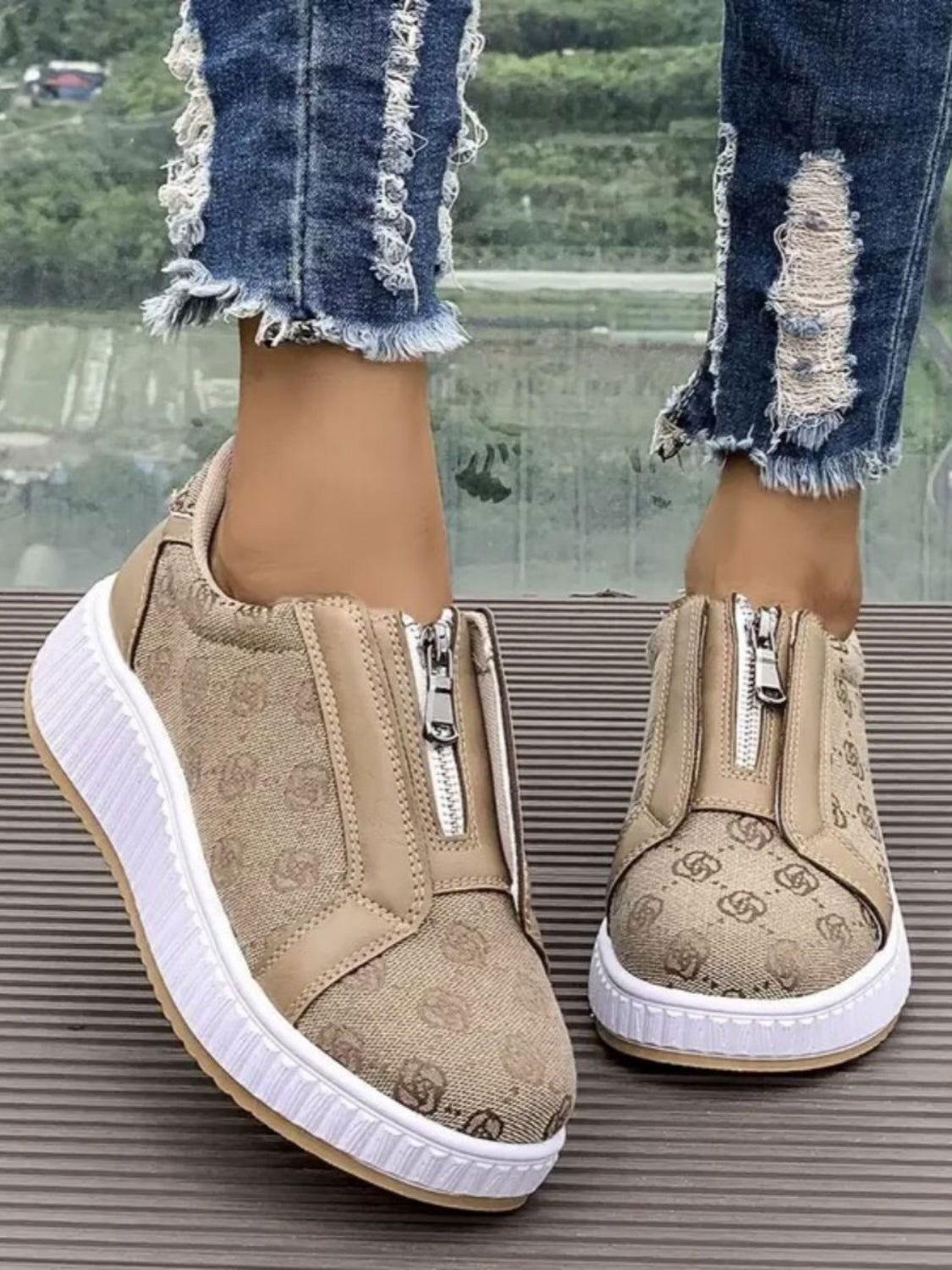 Floral Round Toe Sneakers with Zip - Clothes For Her Online Store