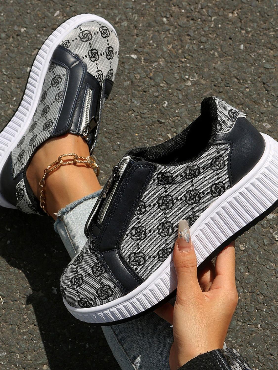 Floral Round Toe Sneakers with Zip - Clothes For Her Online Store