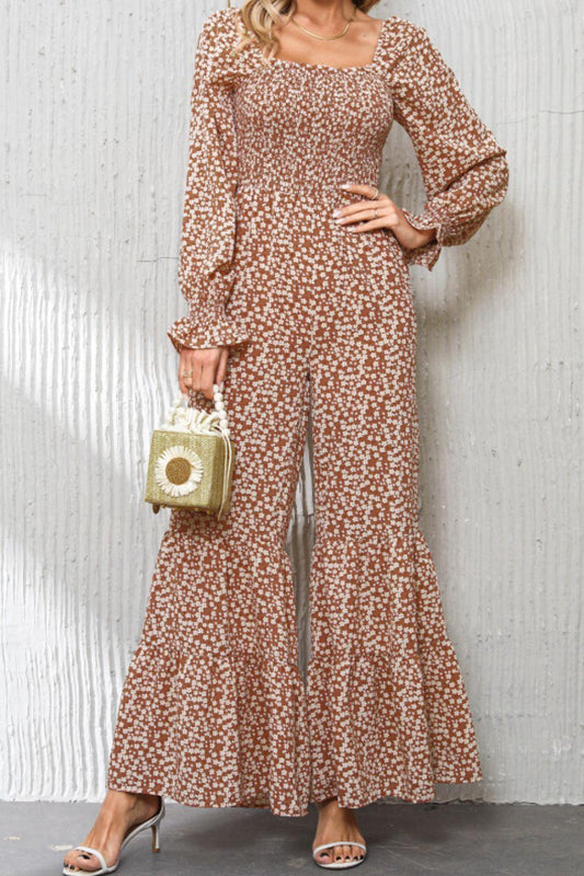 Floral Square Neck Ruffled Wide Leg Jumpsuit - Clothes For Her Online Store
