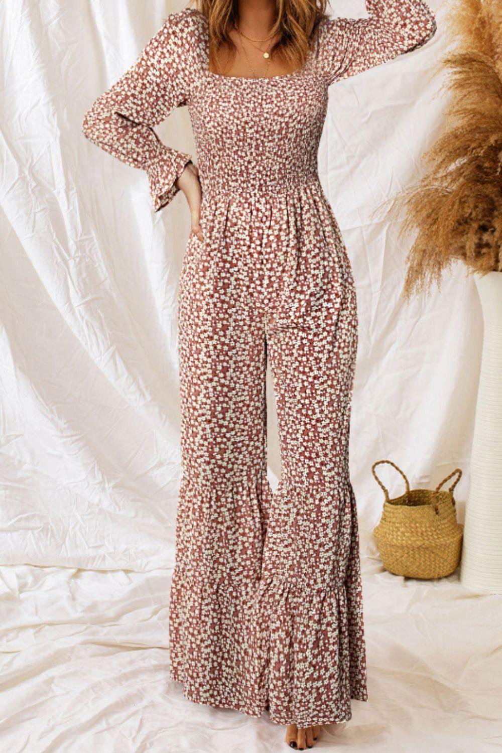 Floral Square Neck Ruffled Wide Leg Jumpsuit - Clothes For Her Online Store