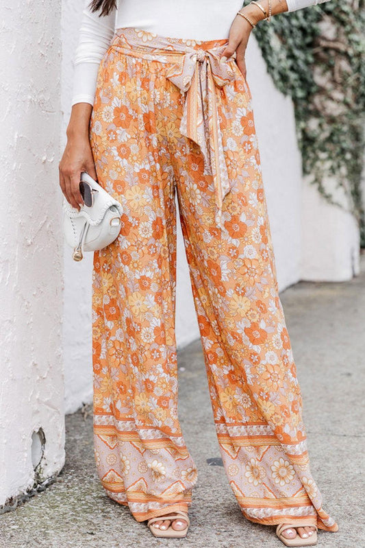Floral Tie Front Wide Leg Pants - Clothes For Her Online Store
