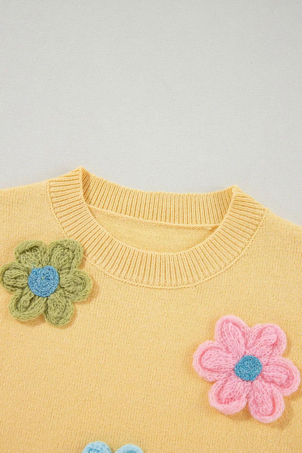 Flower Round Neck Short Sleeve Sweater
