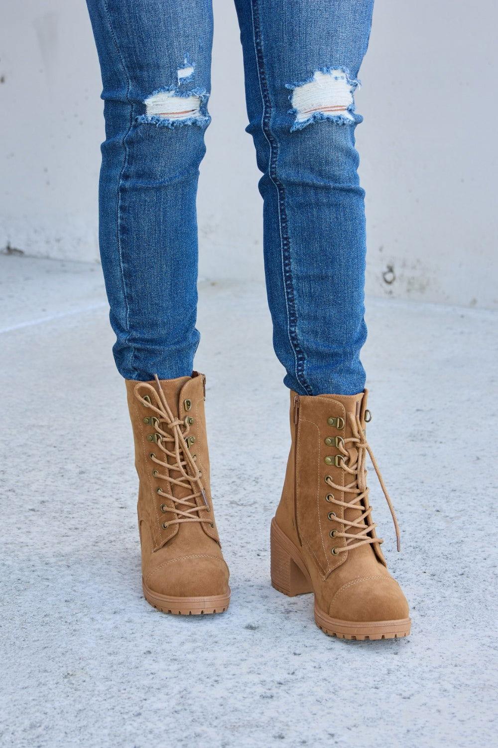 Forever Link Lace-Up Zipper Detail Block Heel Boots - Clothes For Her Online Store