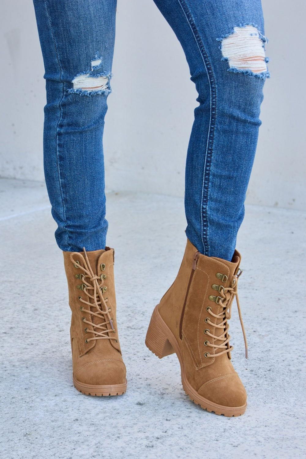 Forever Link Lace-Up Zipper Detail Block Heel Boots - Clothes For Her Online Store