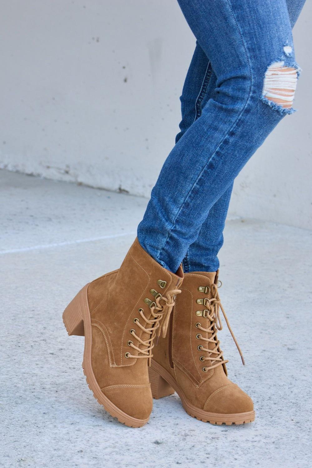 Forever Link Lace-Up Zipper Detail Block Heel Boots - Clothes For Her Online Store